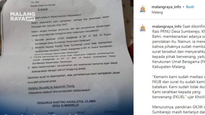 Viral Surat Pengurus Ranting NU Tolak Pembangunan Gereja di Kabupaten Malang