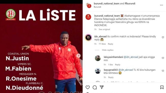 Burundi mengunggah informasi terkait lawan mereka di FIFA Matchday Maret 2023 melalui akun Instagram resminya, @ffburundi. Tim asal Afrika itu menyebut bakal menghadapi Kenya dan Timnas Indonesia di laga uji coba itu. [Instagram/@ffburundi]