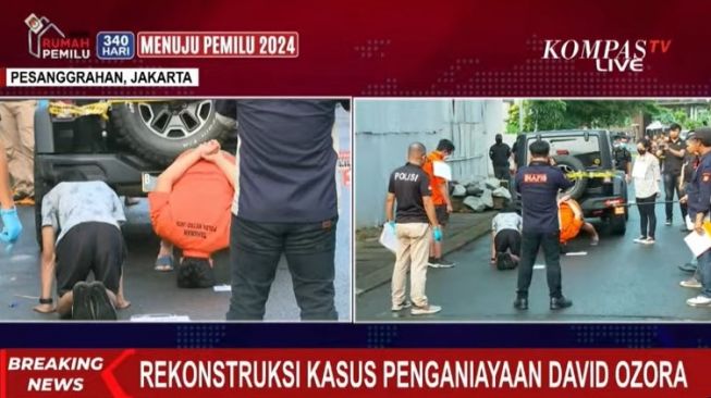 Rekonstruksi penganiayan yang dilakukan anak mantan pejabat pajak Mario Dandy Satriyo (20) kepada David di dekat Kompleks Green Permata Boulevard, Ulujami, Pesanggrahan, Jakarta Selatan, Jumat (10/3/2023). (tangkap layar kompas tv)