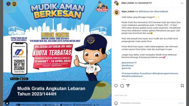 Pendaftaran Dibuka! Mudik Gratis Kemenhub 2023 Naik Bus, Cek Syarat dan Caranya