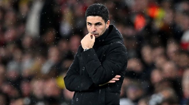 Ekspresi manajer Arsenal, Mikel Arteta pada laga Liga Inggris kontra Crystal Palace di Stadion Emirates, London, Minggu (19/3/2023) malam WIB. [AFP]