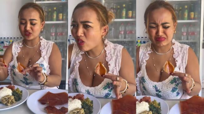 Lina Mukherjee makan daging babi. [Instagram]