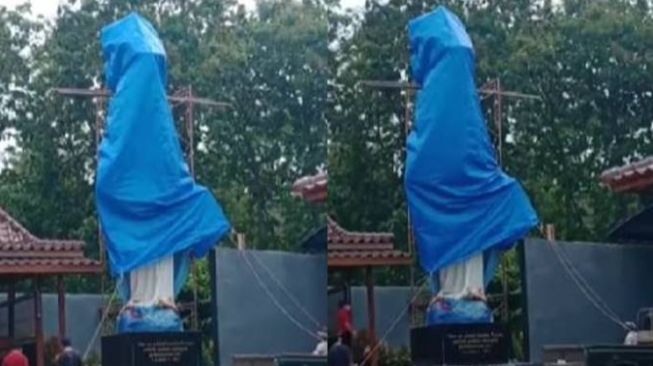 Duduk Perkara Patung Bunda Maria Ditutup Terpal, Beda Penjelasan Warganet vs Polisi