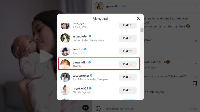 Tiara Andini like unggahan kakak Alshad Ahmad (Instagram/@gyaps)
