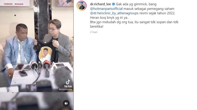 dr Richard Lee umumkan Hotman Paris sebagai pemegang saham Athena (Instagram/@dr.richard_lee)