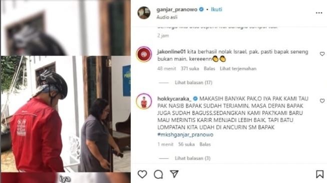 Striker Timnas Indonesia U-20, Hokky Caraka menulis pendapatnya di kolom komentar unggahan Instagram Gubernur Jawa Tengah, Ganjar Pranowo usai FIFA mencabut status tuan rumah Piala Dunia U-20 2023 dari Indonesia. [Ig/@ganjar_pranowo]