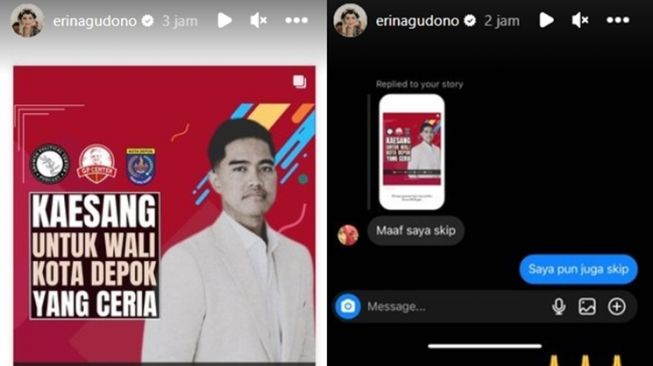 Erina Gudono memberi reaksi terhadap poster Kaesang Pangarep yang dicalonkan jadi Waliko Depok. [Instagram]