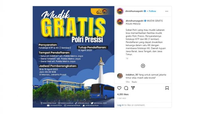 Mudik Gratis 2023 POLRI, Simak Detail Syarat, Cara Daftar dan Kota Tujuannya, Cukup Bawa KTP dan KK