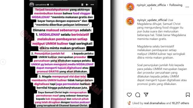 Samuel Christ klarifikasi soal food vlogger Magdalena minta gratisan makan di restoran. (Instagram)