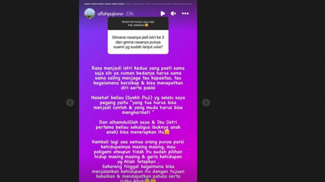 Lutviana Ulfah ceritakan soal rasanya jadi istri kedua Syekh Puji. (Instagram/ ulfahpujiono)