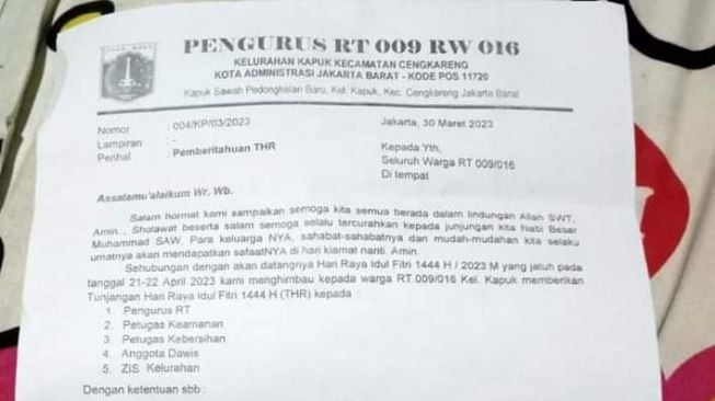 Viral pengurus RT di Cengkareng minta THR kepada warganya.