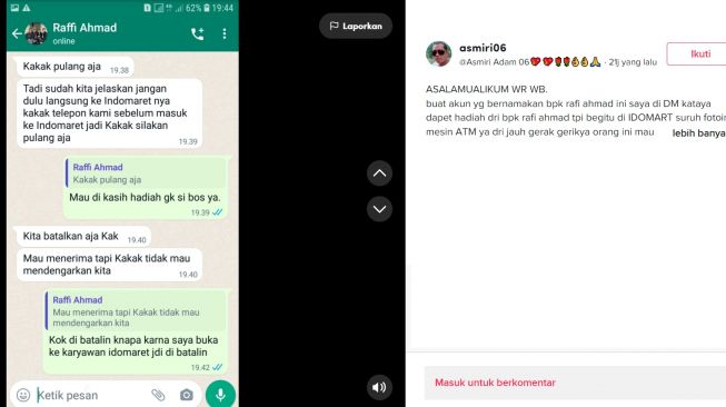 Penipuan mengatasnamakan Raffi Ahmad (TikTok/@asmiri06)