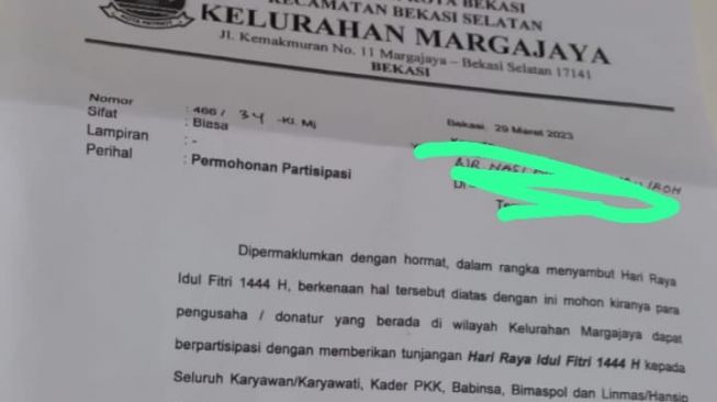 Surat edaran dari Kelurahan Margajaya, Kecamatan Bekasi Selatan Bekasi Selatan, Kota Bekasi yang ditanda tangani Lurah Margajaya (Ist)