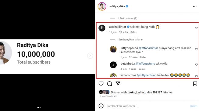 Warganet ragukan subscribers Atta Halilintar (Instagram/@raditya_dika)