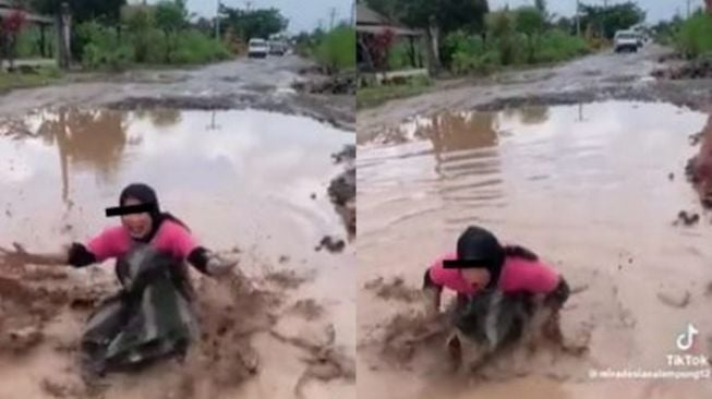 Viral Emak-emak Emosi Ceburkan Diri ke Lubang Jalan di Lampung: Sudah Bisa Bikin Waterboom!