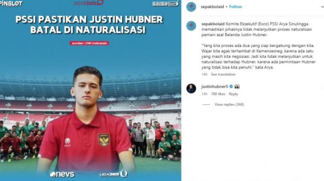 Justin Hubner merespons kabar dirinya batal dinaturalisasi PSSI.(Instagram/sepakbolaid)