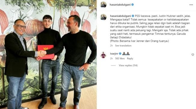 Ivar Jenner merespons kabar batalnya Justin Hubner dinaturalisasi. (Instagram/hasaniabdulgani)