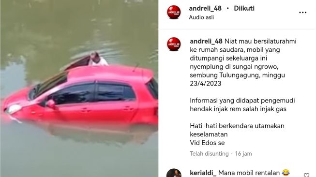 Mau Berlebaran, Mobil Satu Keluarga Tercebur Sungai Ngrowo Tulungagung