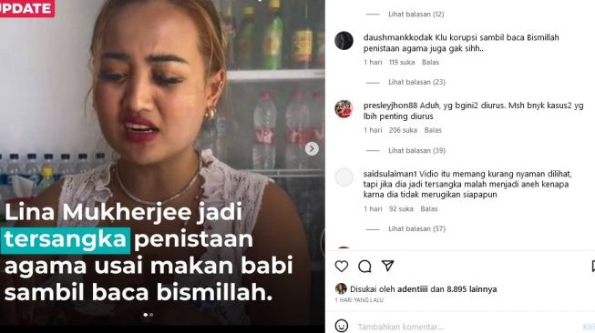 Sejumlah warganet membela kasus makan babi Lina Mukherjee. [Instagram]