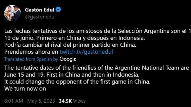 Cuitan jurnalis Argentina yang terkenal dekat dengan Lionel Messi, Gaston Edul, mengonfirmasi lawan La Albiceleste pada FIFA Matchday periode Juni 2023 adalah China dan Indonesia.