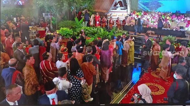 Suasana acara resepsi pernikahan Jessica Mila dan Yakup Hasibuan yang digelar di Balai Samudera, Jakarta Utara, Sabtu (6/5/2023). [Rena Pangesti/Suara.com]