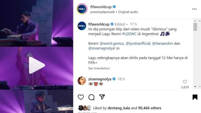 Lagu Glorius dari trio musik elektronik asal Indonesia, Weird Genius, tetap menjadi soundtrack Piala Dunia U-20 2023 di Argentina. [IG@fifaworldcup]