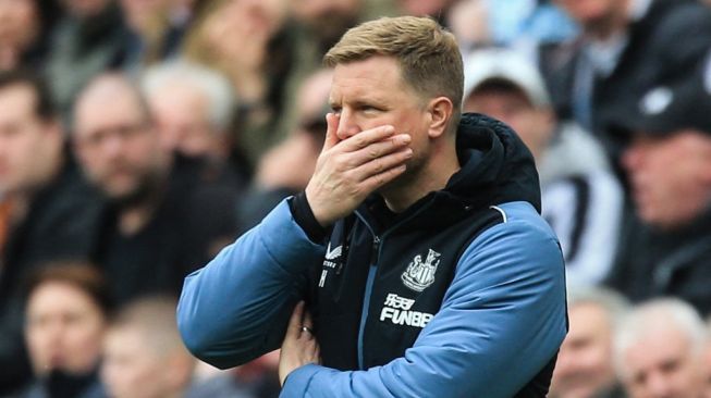 Gestur Manajer Newcastle United Eddie Howe dalam pertandingan Premier League antara Newcastle United dan Southampton di St James 'Park di Newcastle-upon-Tyne, timur laut Inggris pada 30 April 2023.Lindsey Parnaby / AFP