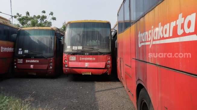 Deretan bus TransJakarta yang rusak dan tidak terawat terparkir di kawasan Terminal Terpadu Pulo Gebang, Jakarta Timur, Senin (15/5/2023). [Suara.com/Alfian Winanto]