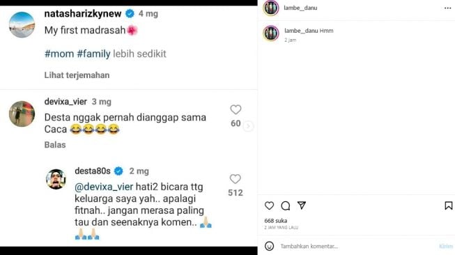 Unggahan soal Desta [Instagram/@lambe__danu]