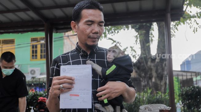 Warga menunjukkan surat vaksinasi rabies hewan peliharaannya di Kelurahan Kebon Baru, Jakarta Selatan, Senin (22/5/2023). [Suara.com/Alfian Winanto]