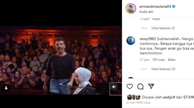  Artis Puji Penampilan Putri Ariani di America's Got Talent 2023 (Instagram/@armandmaulana04)