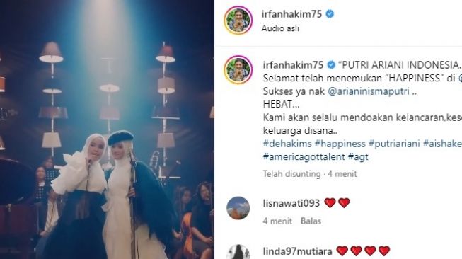  Artis Puji Penampilan Putri Ariani di America's Got Talent 2023 (Instagram/@irfanhakim75)