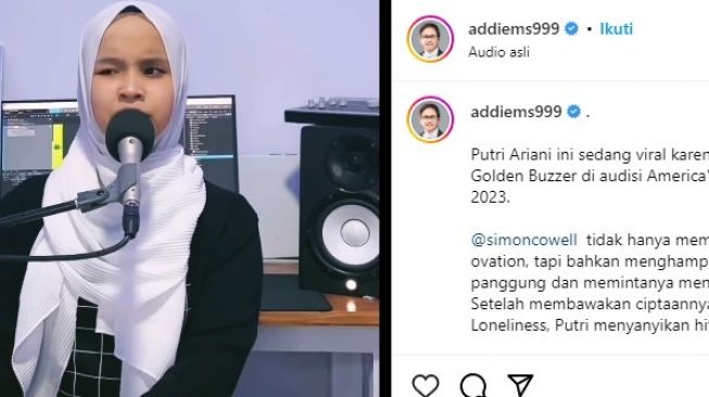  Artis Puji Penampilan Putri Ariani di America's Got Talent 2023 (Instagram/@addiems999)