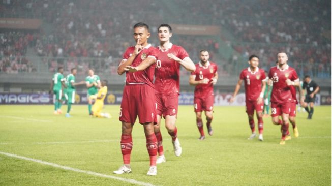 Selebrasi Pemain Nasional Indonesia Rizky Ridho saat mencetak gol ke gawang Burundi pada laga FIFA Match Day Maret lalu (pssi.org)