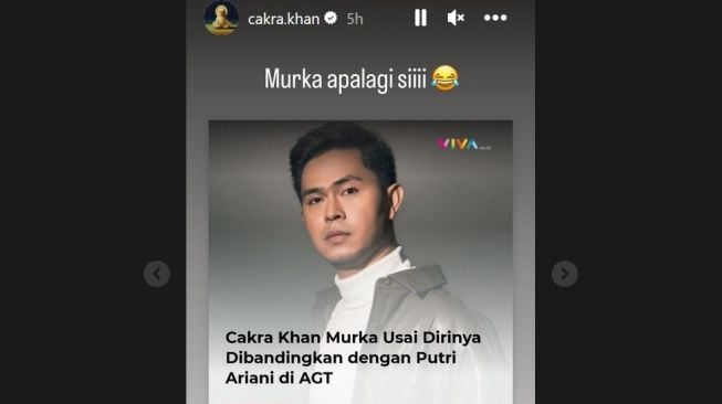 Cakra Khan memberi bantahan setelah ia dikatakan murka dibandingkan dengan Putri Ariani. [Instagram]