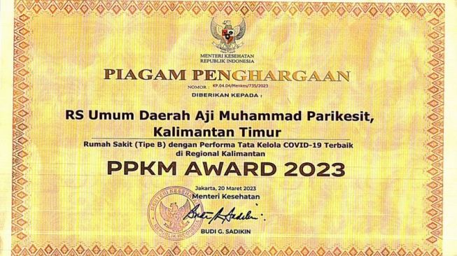 Piagam Penghargaan PPKM Award 2023 Perfoma Tata Kelola Covid-19 Terbaik. [kaltimtoday.co]