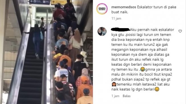 Seorang perempuan mencoba naik dari ekskalator yang turun. [Instagram/memomedsos]