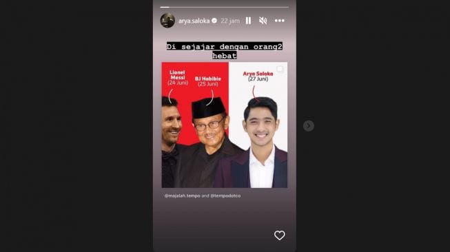 Arya Saloka pamer wajahnya sejajar dengan BJ Habibie dan Messi (Instagram/@arya.saloka)