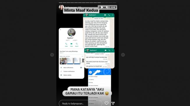 Istri Rendy Kjaernett tunjukkan chat permintaan maaf Syahnaz kepadanya. (Instagram/ ladynayoan)