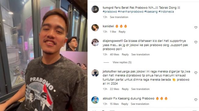 Kaesang Pangarep mengenakan kaos bergambarkan Prabowo di Korea Selatan. (IG @/tumgrd)