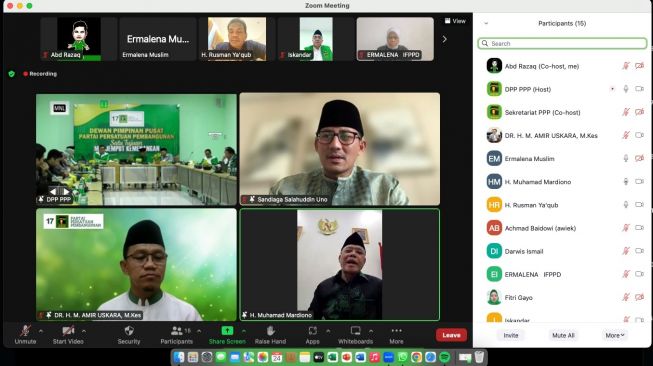 Sandiaga Uno memimpin rapat Bappilu PPP secara virtual, Sabtu (24/6/2023). [Bidik layar/Novian]