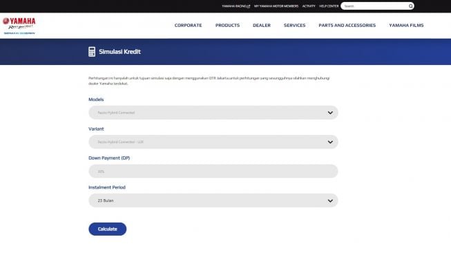 Halaman simulasi kredit berguna agar konsumen bisa melakukan kalkulasi atau perhitungan kredit kepemilikan motor [PT YIMM].