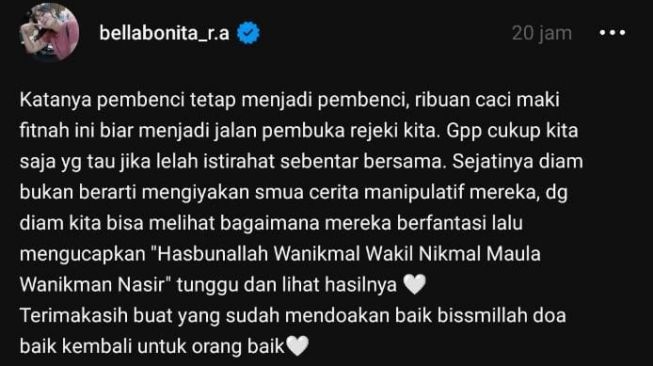 Pernyataan Bella Bonita usai dihujat penggemar Happy Asmara (Threads)
