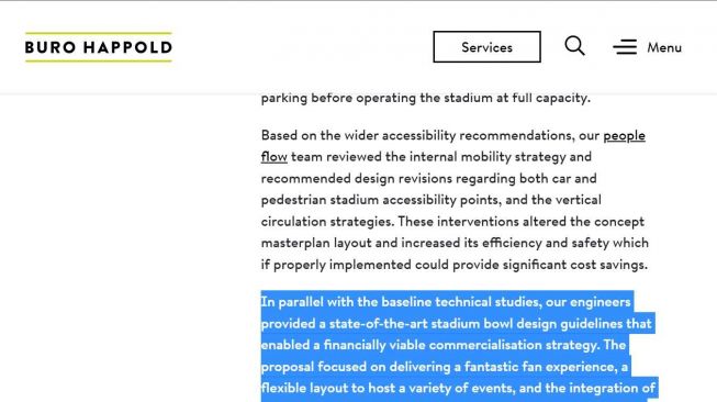 Buro Happold menghapus keterangan "sertifikasi FIFA" dalam laman proyek JIS di situs resmi mereka. [Tangkapan layar situs Buro Happold]