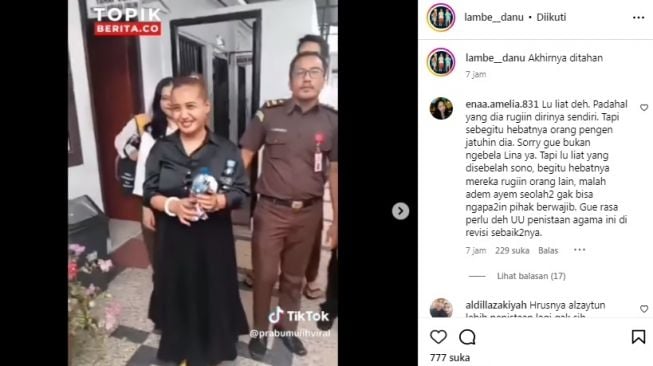 Unggahan soal Lina Mukherjee yang ditahan Kejari Palembang [Instagram/@lambe__danu]