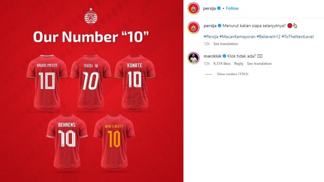 Gelandang timnas Indonesia, Marc Klok komentari postingan Persija Jakarta yang tak menganggapnya dalam daftar pemain pengguna nomor punggung 10. (Instagram/persija)