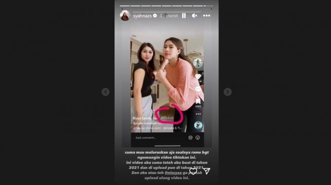 Klarifikasi Syahnaz Sadiqah soal video TikToknya yang viral (Instagram/@syahnazs)