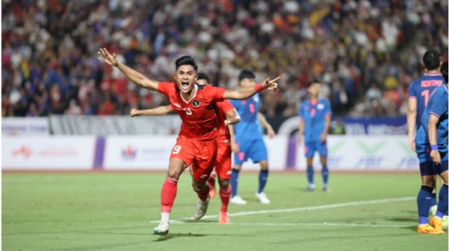 Selebrasi Ramadhan Sananta usai mencetak gol ke gawang Thailand di final Sea Games 2023 (pssi.org)