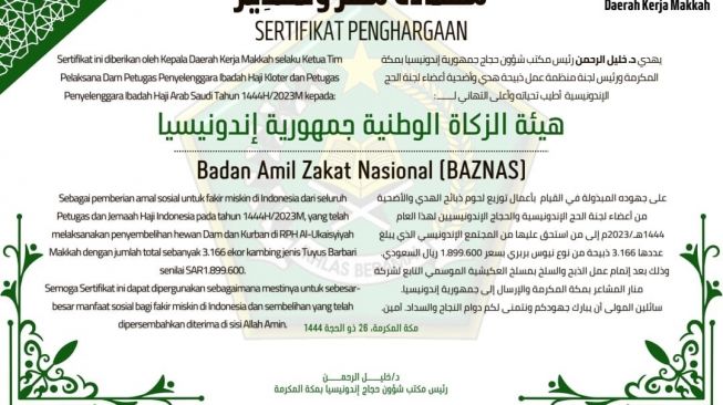 Baznas Kelola Penyaluran Dam Haji dan Meraih Penghargaan dari Daker Mekah