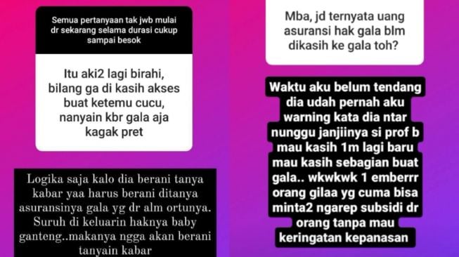 Instastory Puput terkait uang asuransi milik Gala Sky yang dibawa Doddy Sudrajat. (Instagram)